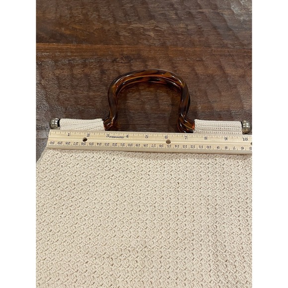 Vintage Crochet Purse Handbag Ivory Knit Brown Tortoise Lucite Handles Lined - Picture 10 of 10